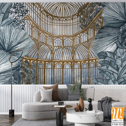 Graphic illustration of a greenhouse. Floral wallpaper with exotic jungle leaves and plants. Abstract botanical design for photo wallpaper, wallpaper, mural, card. [WP-FXH-324]