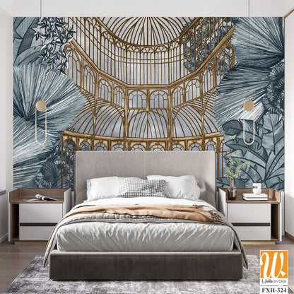 Graphic illustration of a greenhouse. Floral wallpaper with exotic jungle leaves and plants. Abstract botanical design for photo wallpaper, wallpaper, mural, card. [WP-FXH-324]