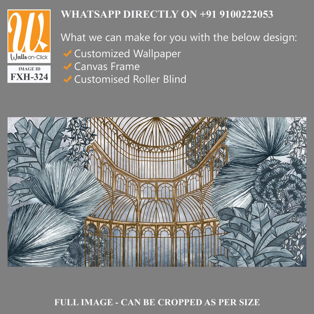 Graphic illustration of a greenhouse. Floral wallpaper with exotic jungle leaves and plants. Abstract botanical design for photo wallpaper, wallpaper, mural, card. [WP-FXH-324]