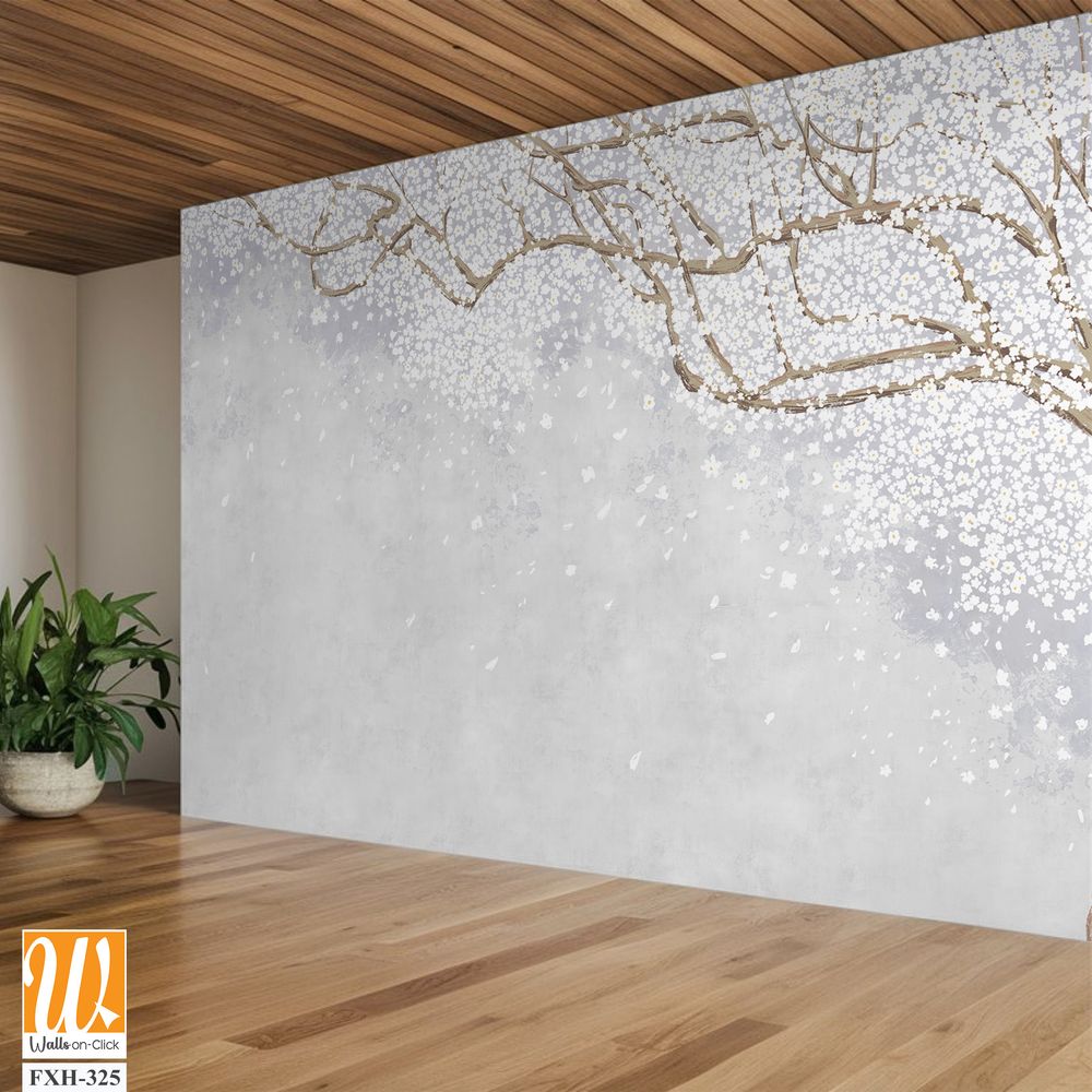 Tree and branches on the old vintage background. Sakura flowers. Floral background in loft, modern style. Design for wall mural, card, postcard, wallpaper, photo wallpaper. [WP-FXH-325]