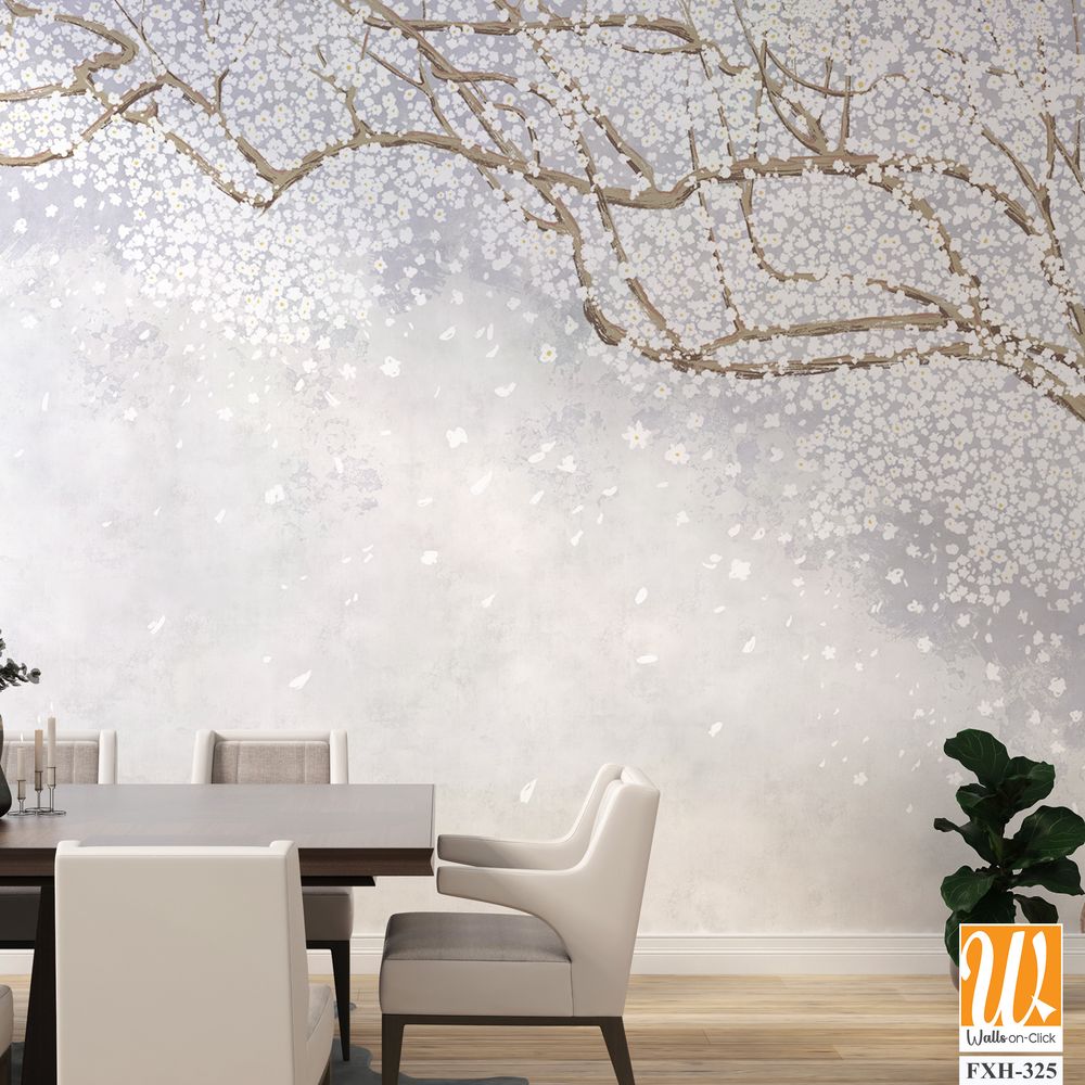 Tree and branches on the old vintage background. Sakura flowers. Floral background in loft, modern style. Design for wall mural, card, postcard, wallpaper, photo wallpaper. [WP-FXH-325]