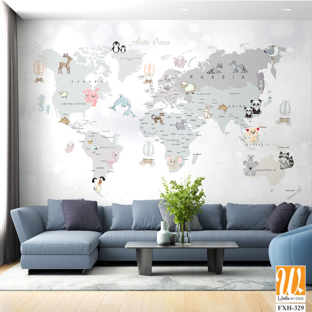 Educational world map wallpaper design for kids rooms [WP-FXH-329]