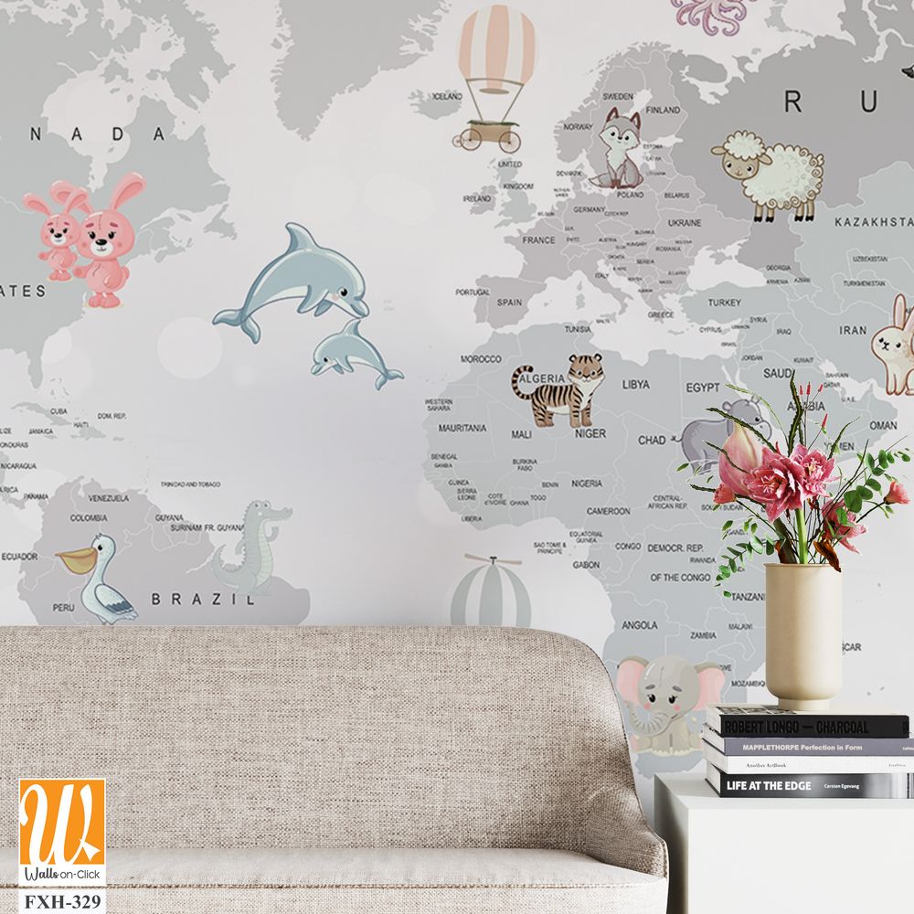 Educational world map wallpaper design for kids rooms [WP-FXH-329]