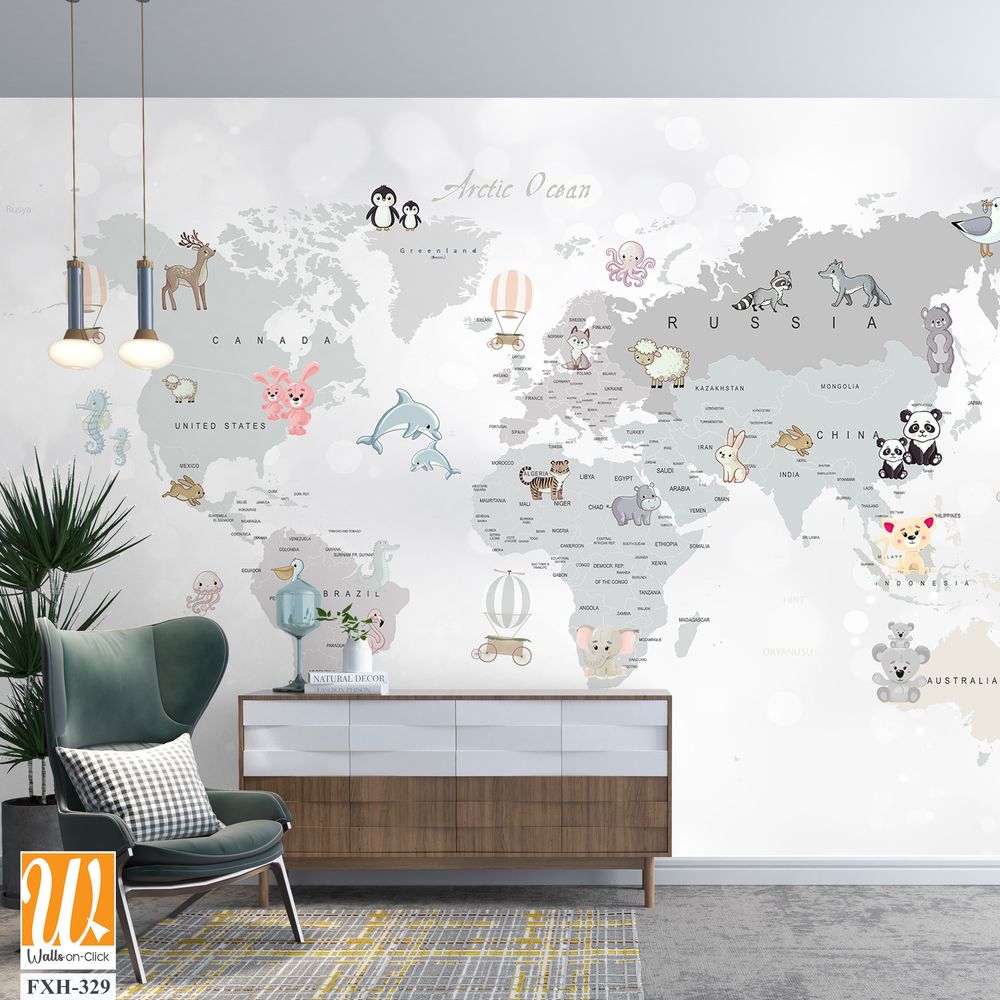 Educational world map wallpaper design for kids rooms [WP-FXH-329]