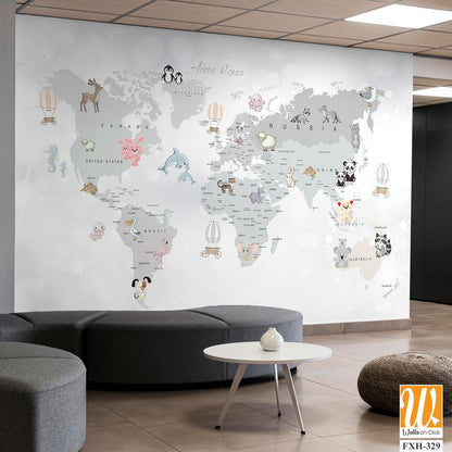 Educational world map wallpaper design for kids rooms [WP-FXH-329]