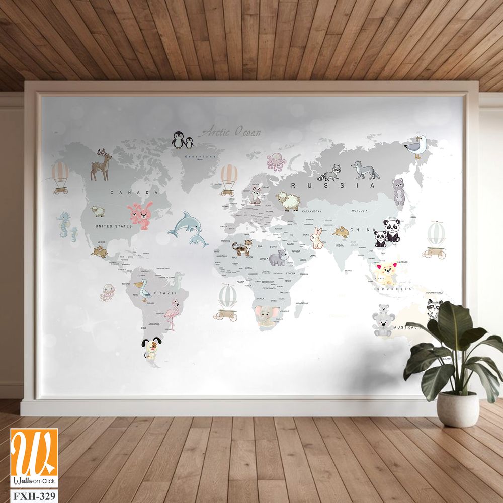 Educational world map wallpaper design for kids rooms [WP-FXH-329]