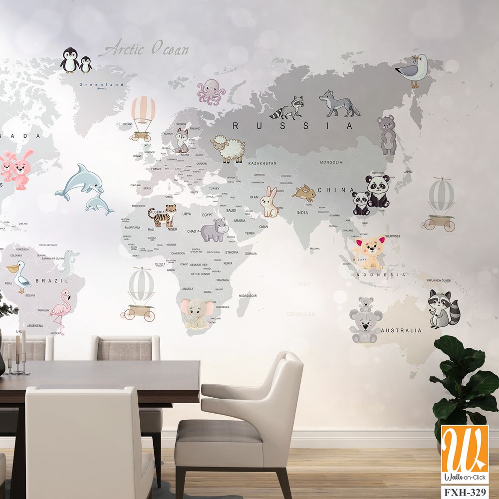 Educational world map wallpaper design for kids rooms [WP-FXH-329]