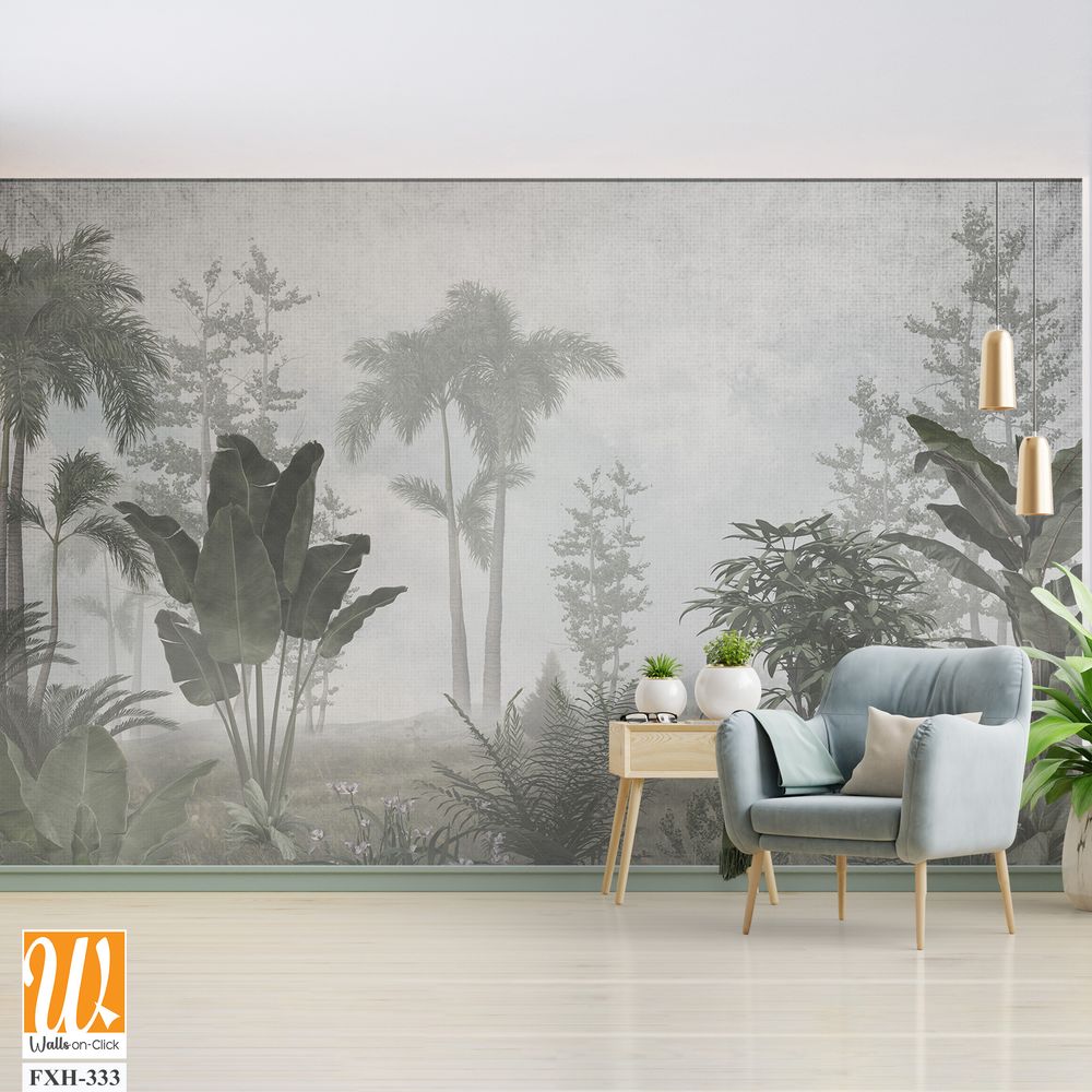 Tropical trees and leaves for digital printing wallpaper, custom design wallpaper - 3D illustration [WP-FXH-333]