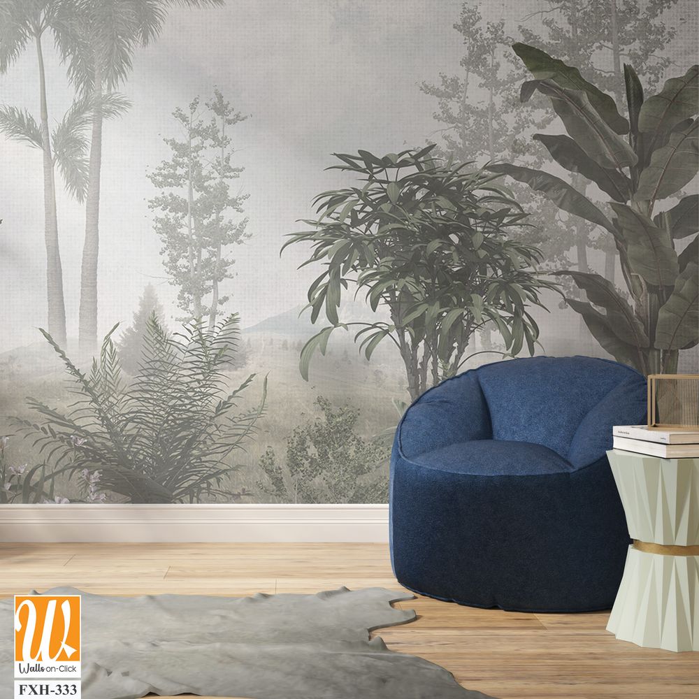 Tropical trees and leaves for digital printing wallpaper, custom design wallpaper - 3D illustration [WP-FXH-333]