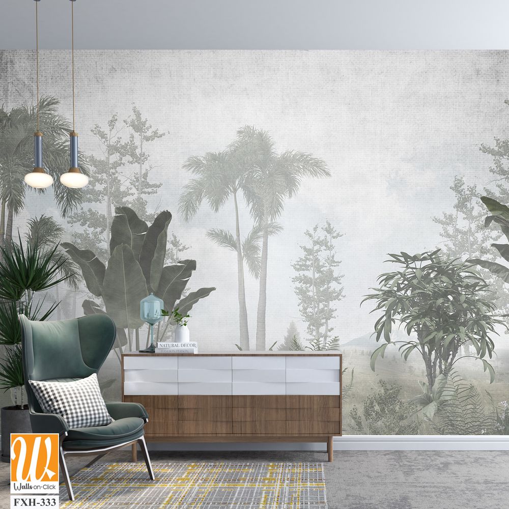 Tropical trees and leaves for digital printing wallpaper, custom design wallpaper - 3D illustration [WP-FXH-333]