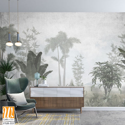 Tropical trees and leaves for digital printing wallpaper, custom design wallpaper - 3D illustration [WP-FXH-333]