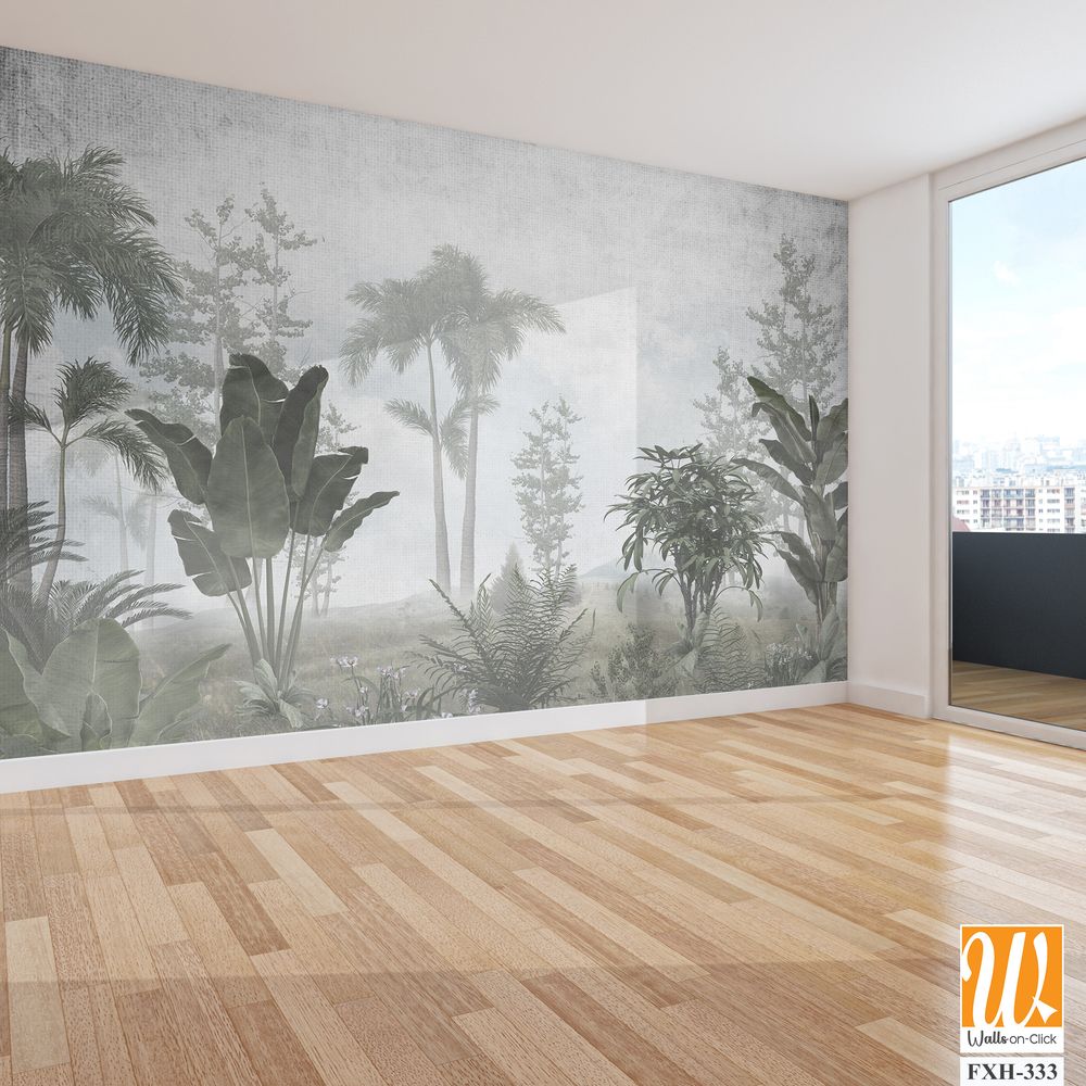 Tropical trees and leaves for digital printing wallpaper, custom design wallpaper - 3D illustration [WP-FXH-333]