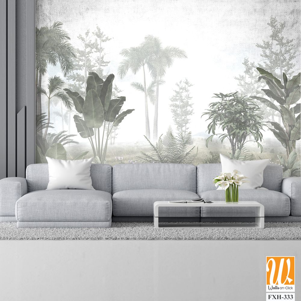 Tropical trees and leaves for digital printing wallpaper, custom design wallpaper - 3D illustration [WP-FXH-333]