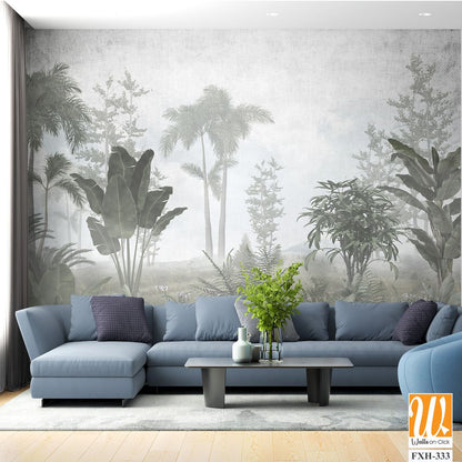 Tropical trees and leaves for digital printing wallpaper, custom design wallpaper - 3D illustration [WP-FXH-333]