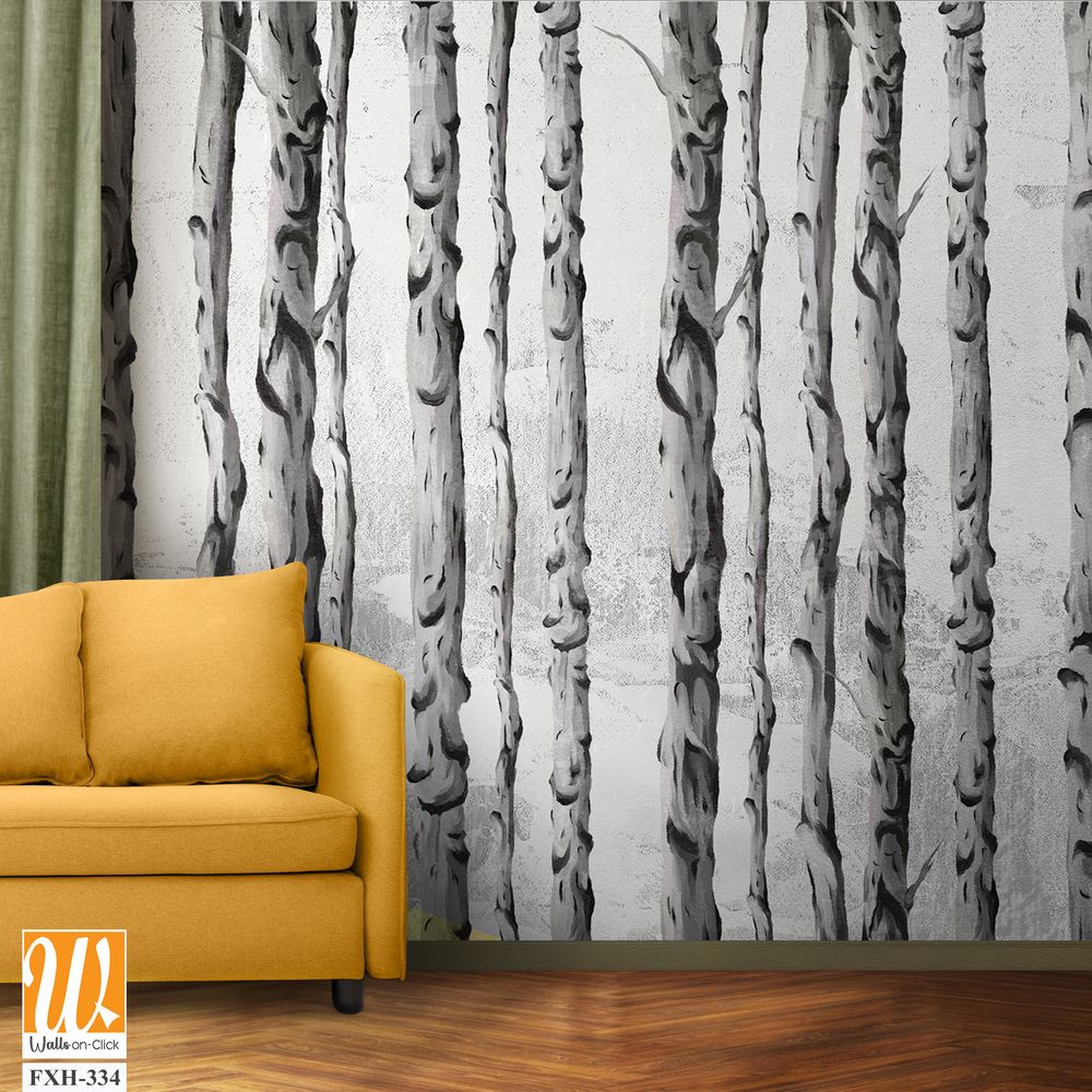 Art painted birch trees on a textured background drawing in light and dark colors photo wallpaper for the interior [WP-FXH-334]