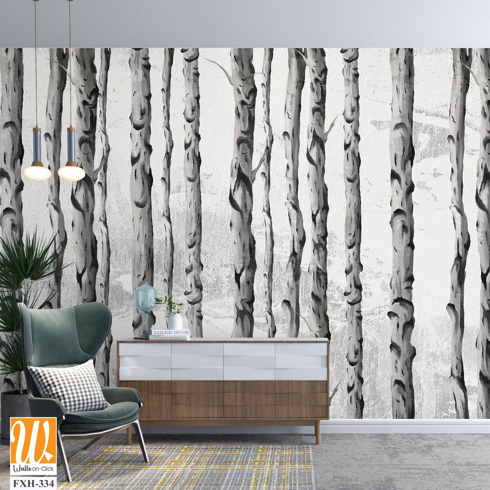 Art painted birch trees on a textured background drawing in light and dark colors photo wallpaper for the interior [WP-FXH-334]