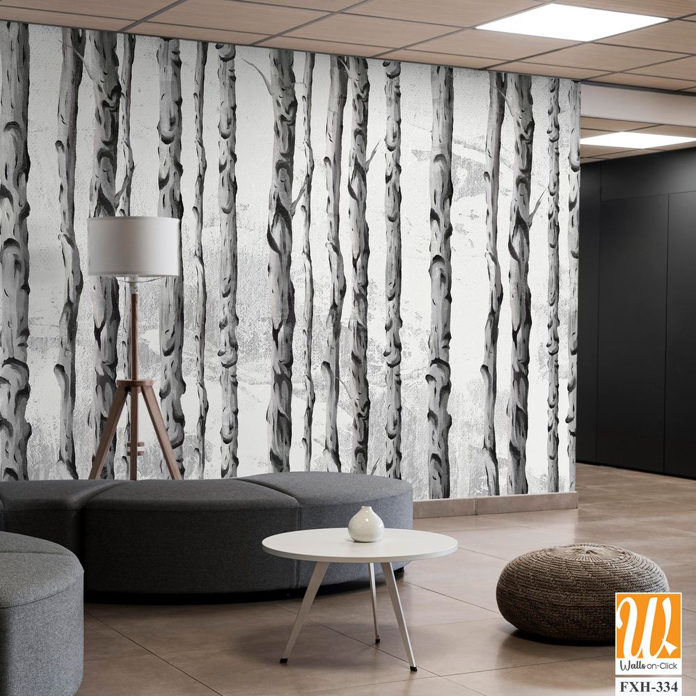 Art painted birch trees on a textured background drawing in light and dark colors photo wallpaper for the interior [WP-FXH-334]