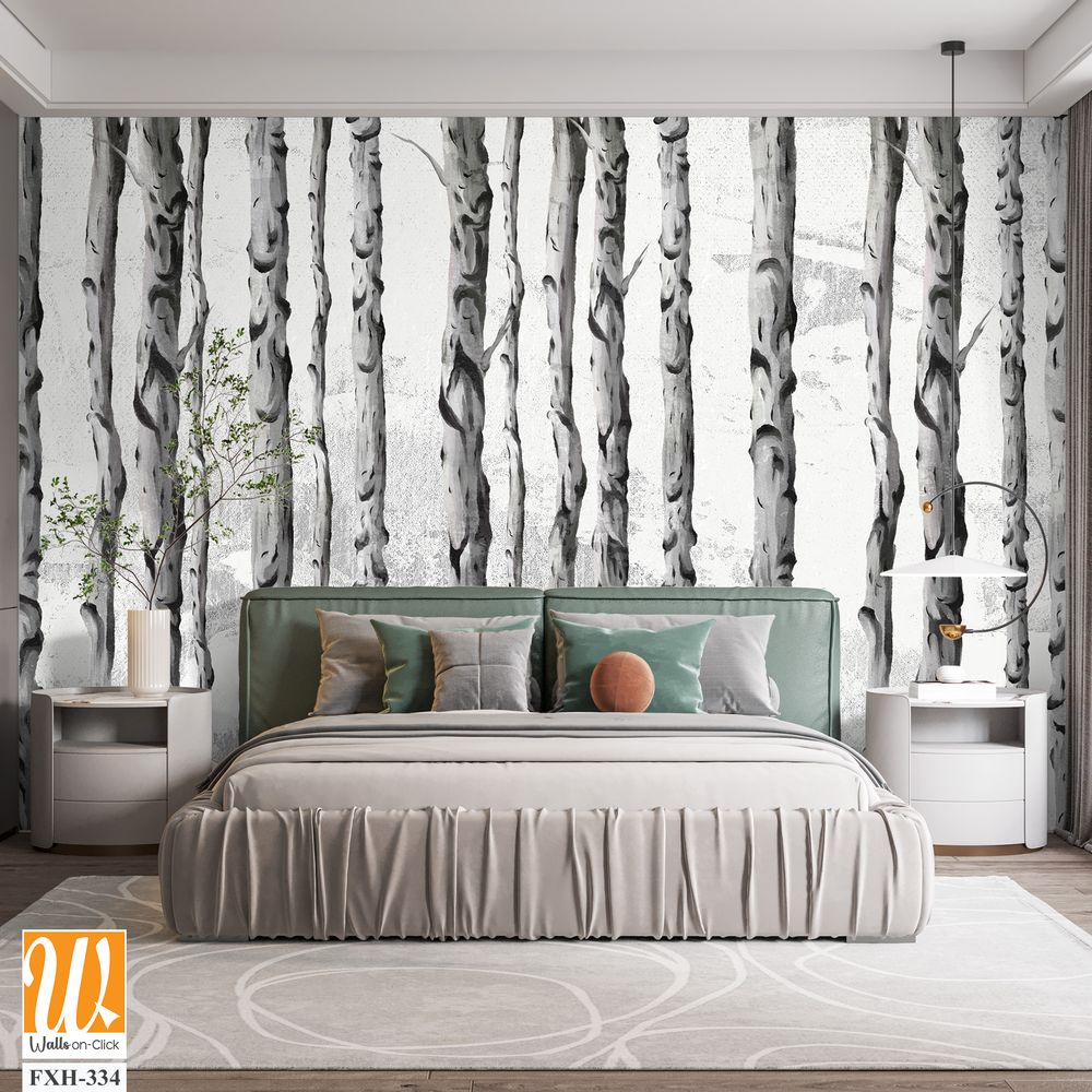 Art painted birch trees on a textured background drawing in light and dark colors photo wallpaper for the interior [WP-FXH-334]