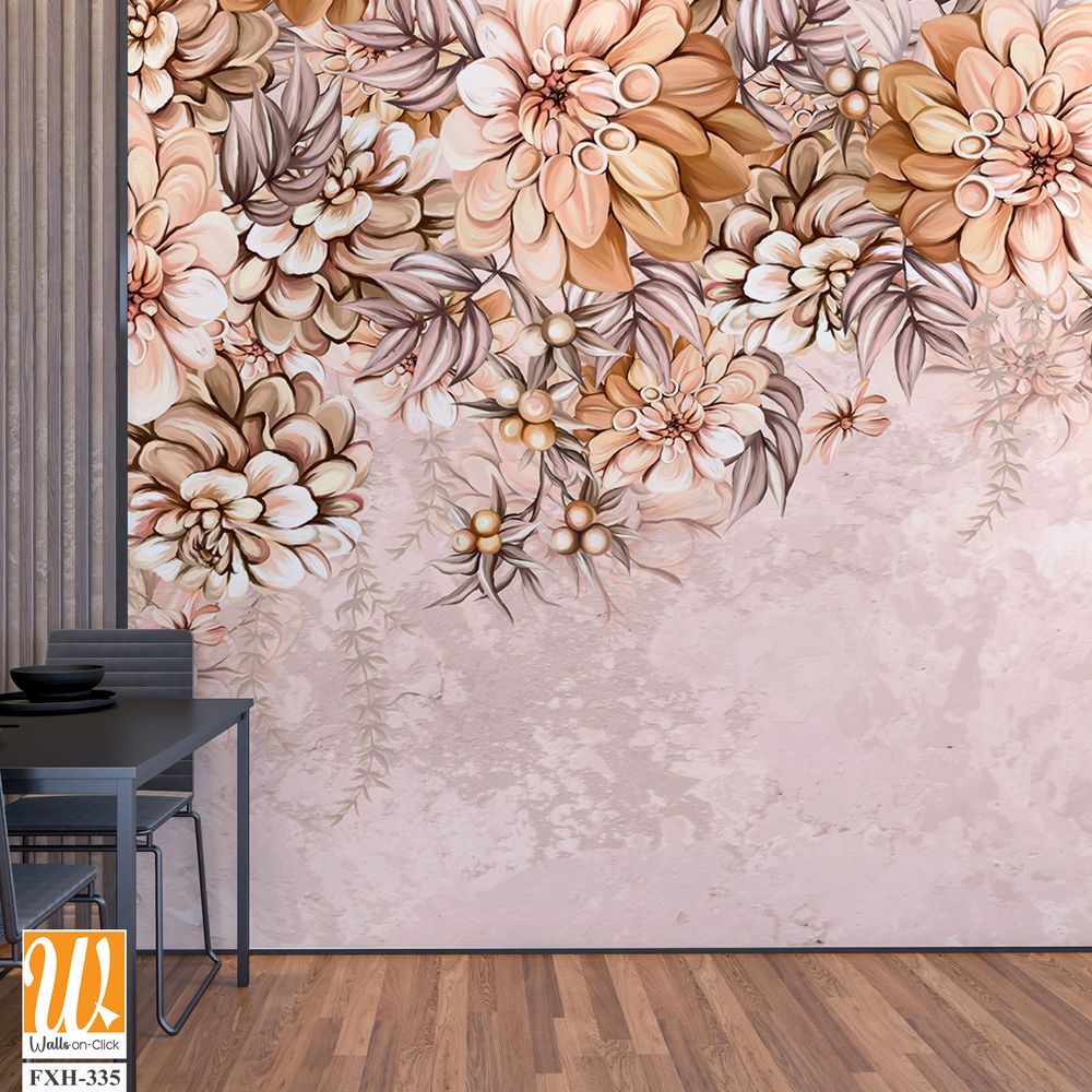 Drawn large art flower buds on a textured background drawing in bright colors photo wallpaper in the interior [WP-FXH-335]