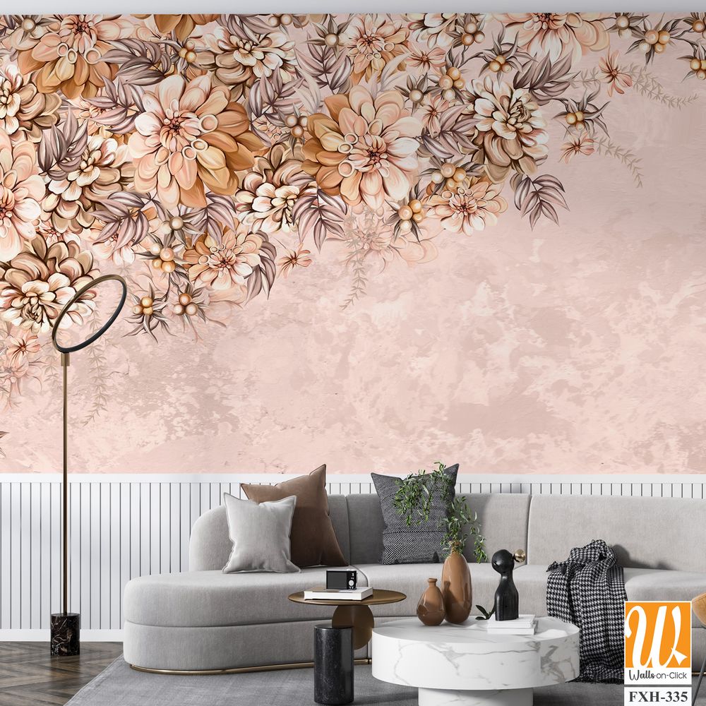 Drawn large art flower buds on a textured background drawing in bright colors photo wallpaper in the interior [WP-FXH-335]