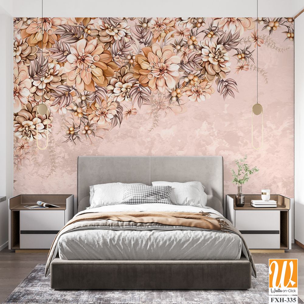 Drawn large art flower buds on a textured background drawing in bright colors photo wallpaper in the interior [WP-FXH-335]