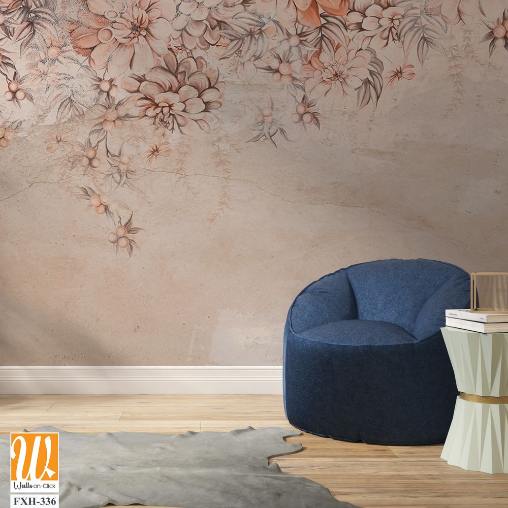 A lot of large flowers buds art drawn that hang down from top to bottom on a textured shabby wall photo wallpaper for the interior [WP-FXH-336]