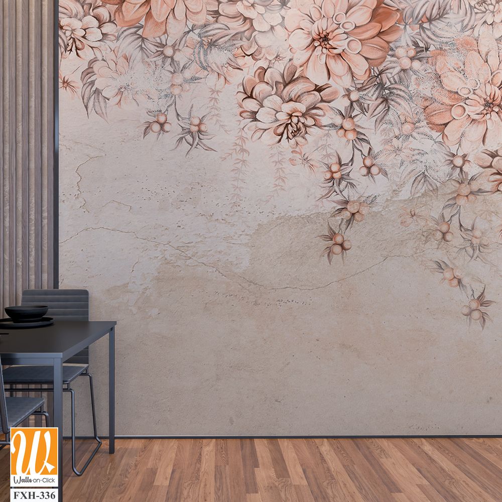 A lot of large flowers buds art drawn that hang down from top to bottom on a textured shabby wall photo wallpaper for the interior [WP-FXH-336]