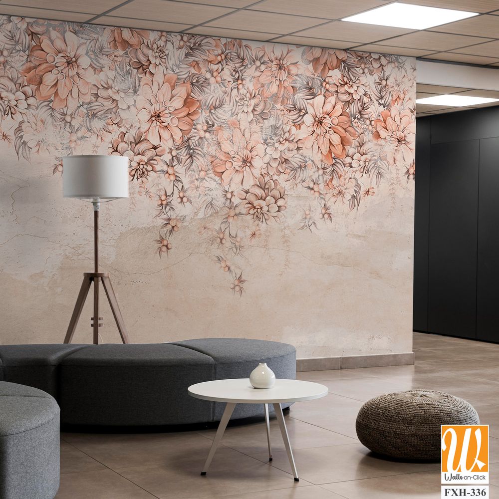 A lot of large flowers buds art drawn that hang down from top to bottom on a textured shabby wall photo wallpaper for the interior [WP-FXH-336]