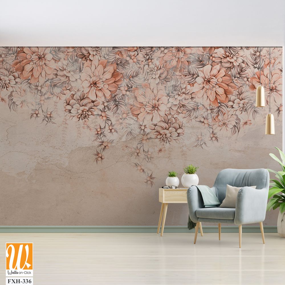 A lot of large flowers buds art drawn that hang down from top to bottom on a textured shabby wall photo wallpaper for the interior [WP-FXH-336]