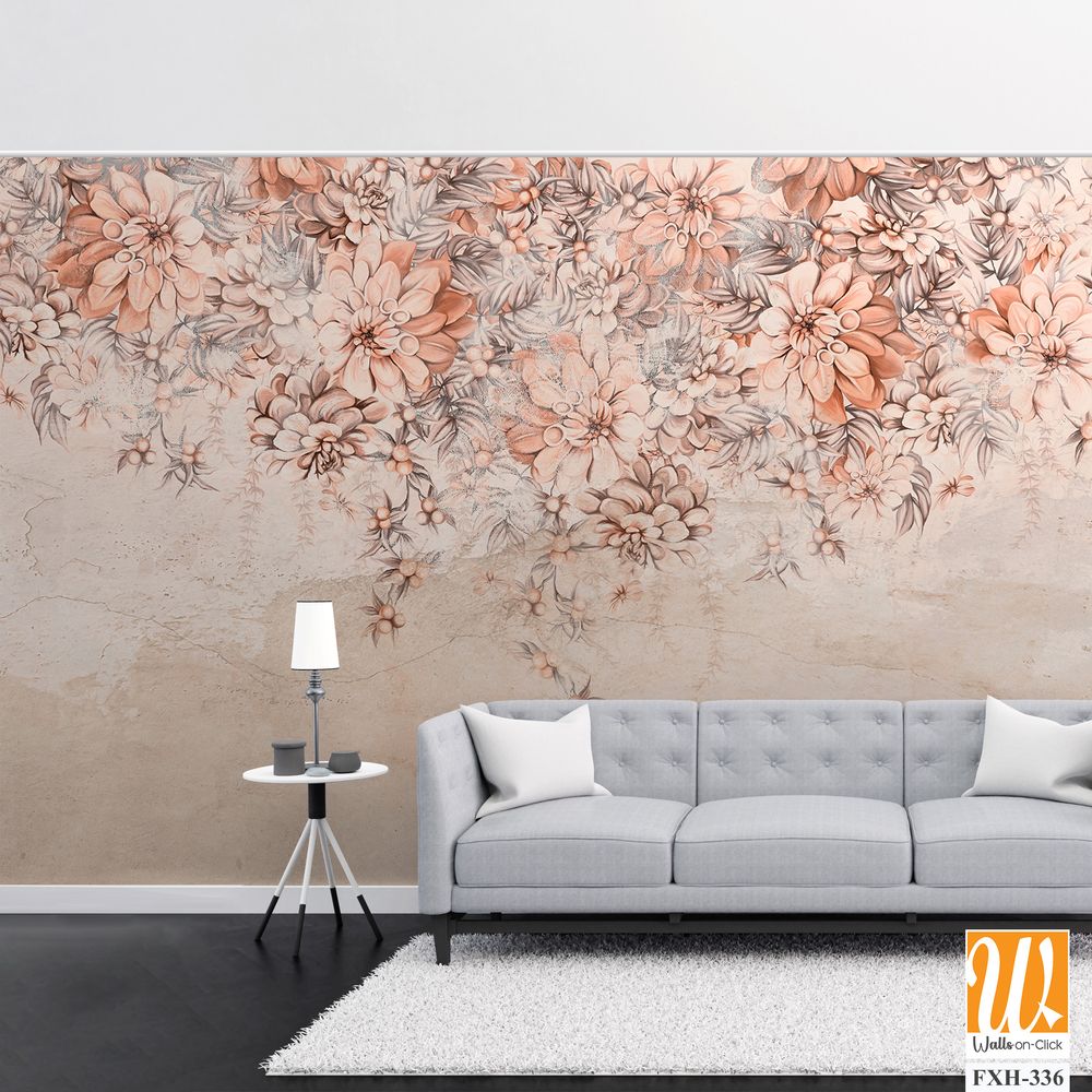 A lot of large flowers buds art drawn that hang down from top to bottom on a textured shabby wall photo wallpaper for the interior [WP-FXH-336]