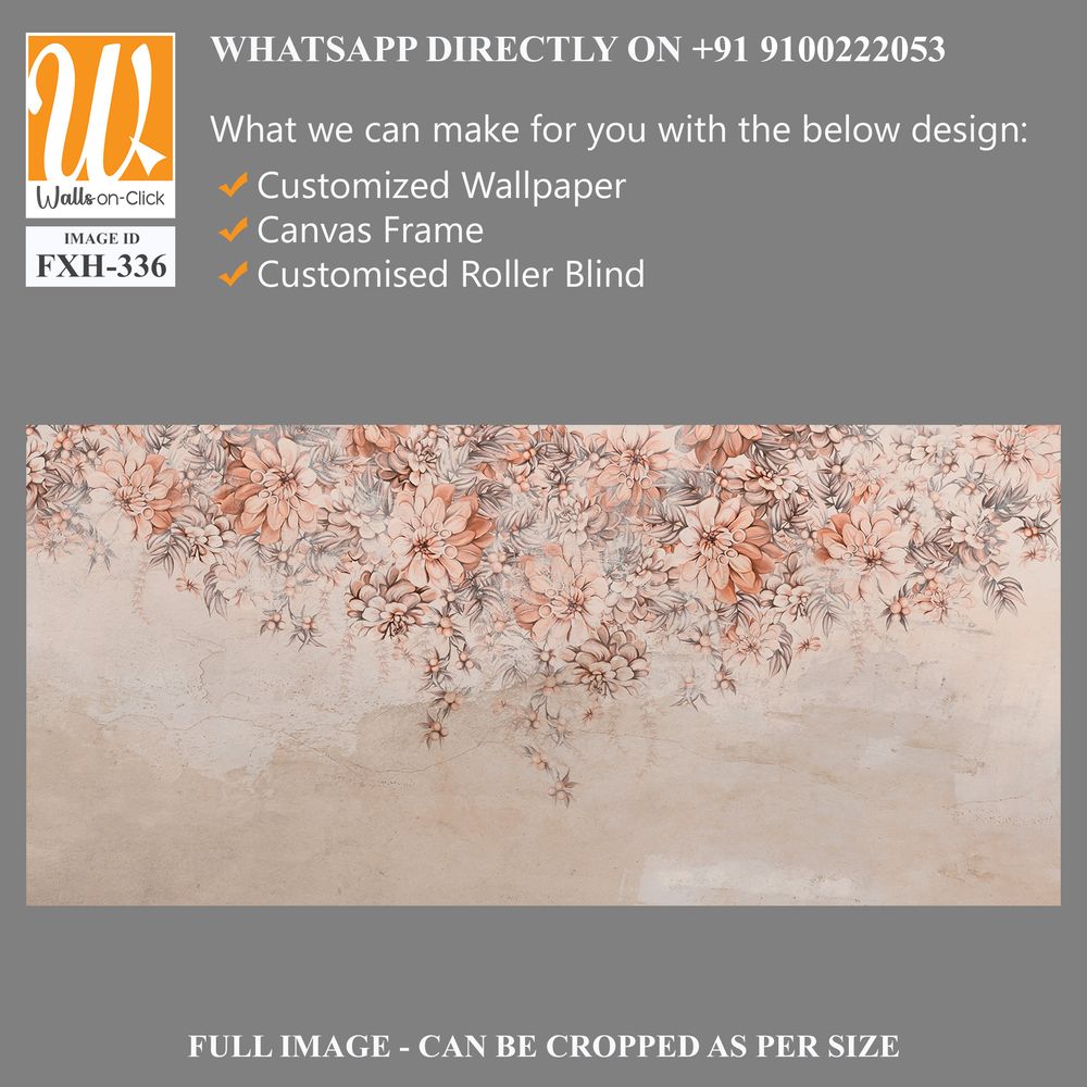 A lot of large flowers buds art drawn that hang down from top to bottom on a textured shabby wall photo wallpaper for the interior [WP-FXH-336]