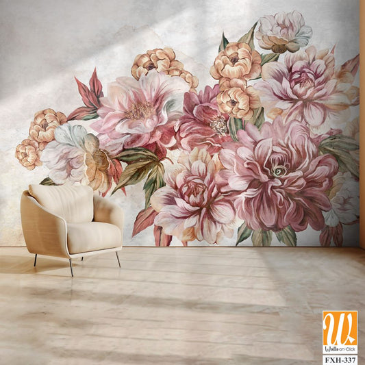 Drawn art peonies and roses in a bouquet of flowers on a textural background photo wallpaper for the interior [WP-FXH-337]