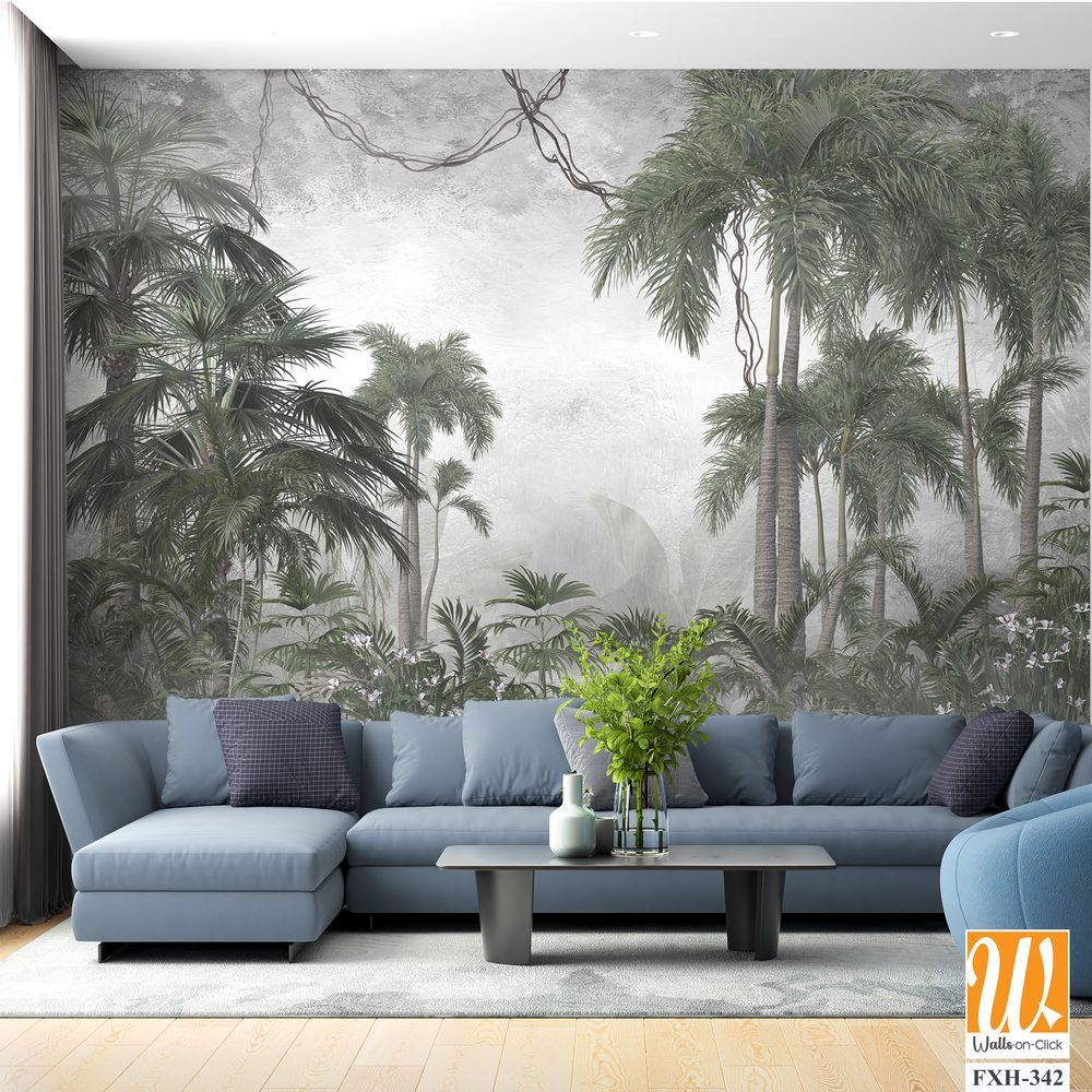 Tropical trees and leaves for digital printing wallpaper, custom design wallpaper - 3D illustration [WP-FXH-342]