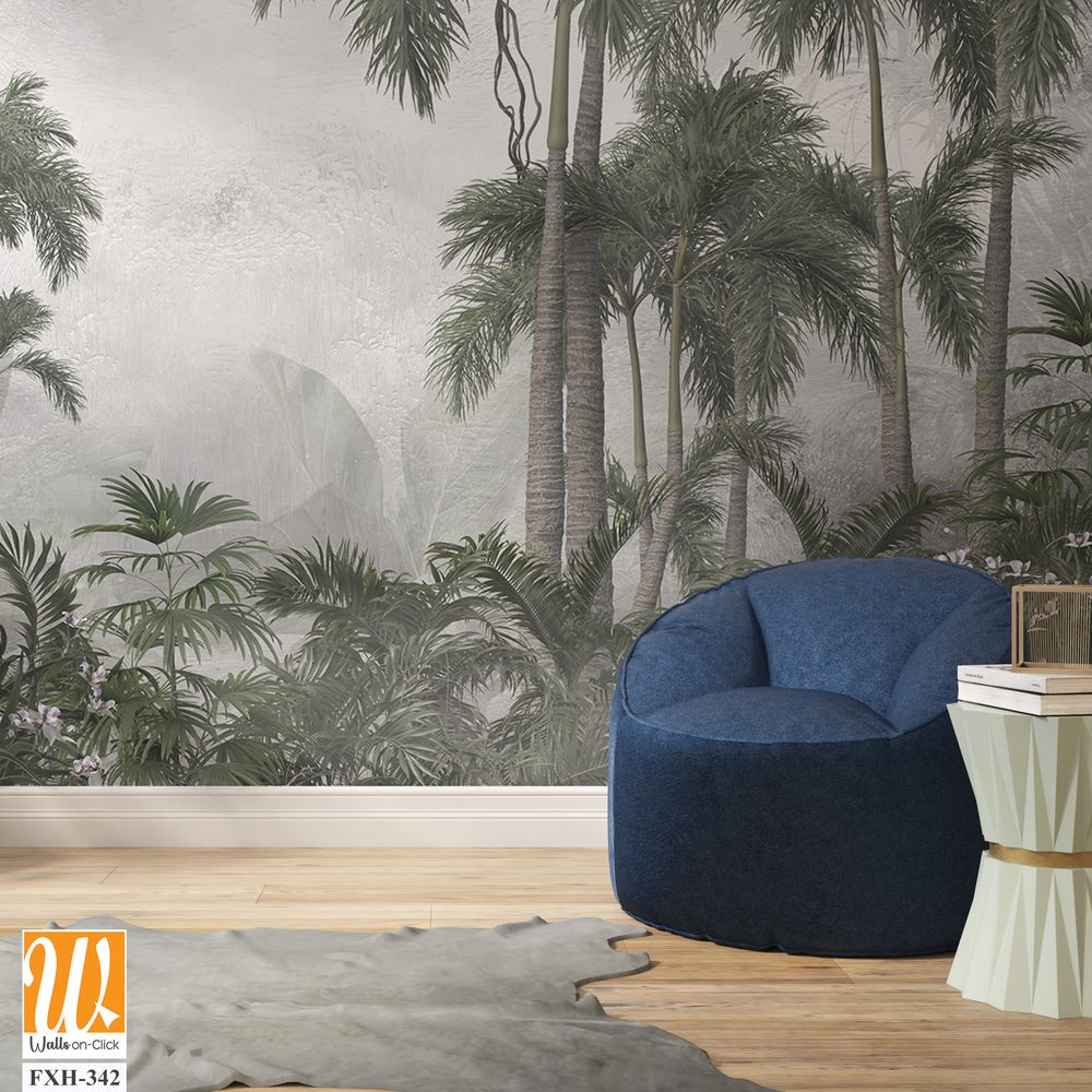 Tropical trees and leaves for digital printing wallpaper, custom design wallpaper - 3D illustration [WP-FXH-342]