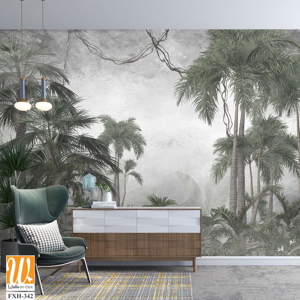 Tropical trees and leaves for digital printing wallpaper, custom design wallpaper - 3D illustration [WP-FXH-342]