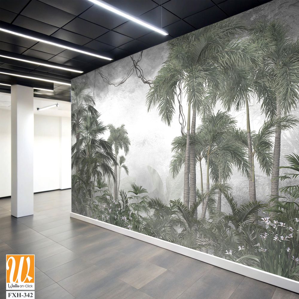 Tropical trees and leaves for digital printing wallpaper, custom design wallpaper - 3D illustration [WP-FXH-342]