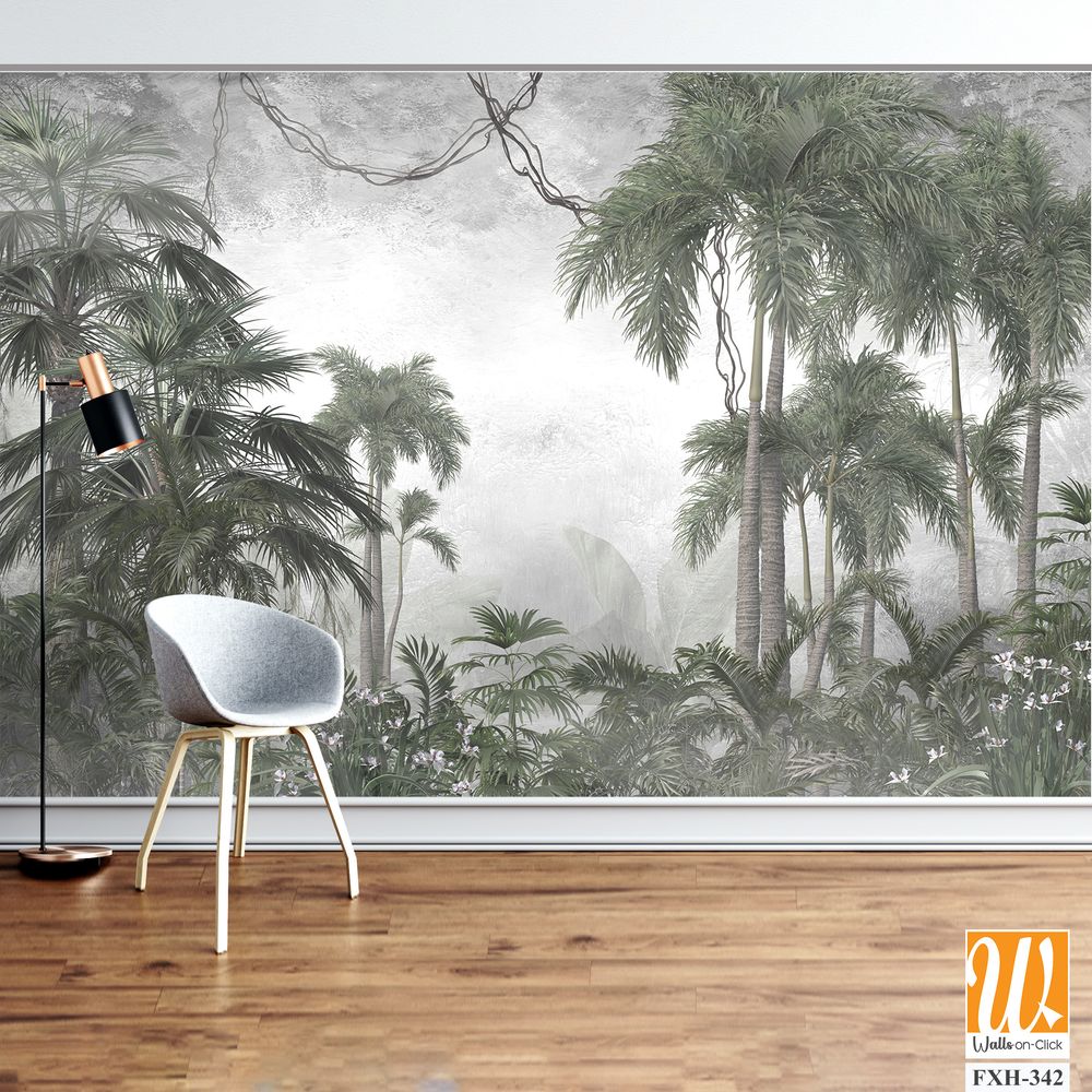 Tropical trees and leaves for digital printing wallpaper, custom design wallpaper - 3D illustration [WP-FXH-342]