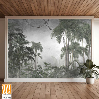 Tropical trees and leaves for digital printing wallpaper, custom design wallpaper - 3D illustration [WP-FXH-342]