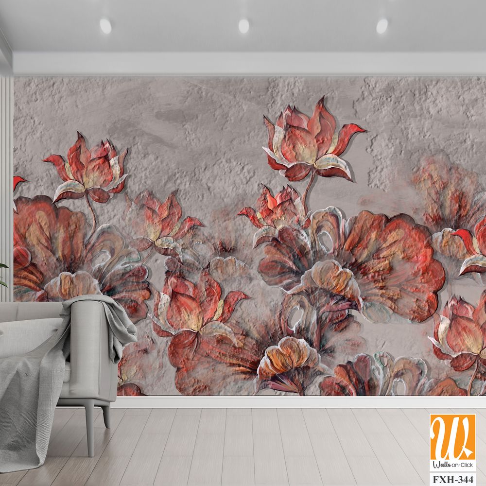 3d painted water lilies on a textured background photo wallpaper in the interior [WP-FXH-344]