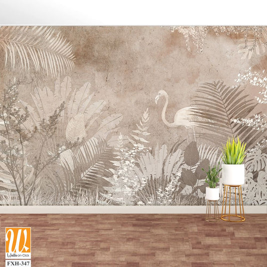 Tropical trees and leaves wallpaper design in foggy forest - 3D illustration [WP-FXH-347]