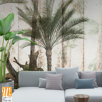 Tropical trees and leaves for digital printing wallpaper, custom design wallpaper - 3D illustration [WP-FXH-351]