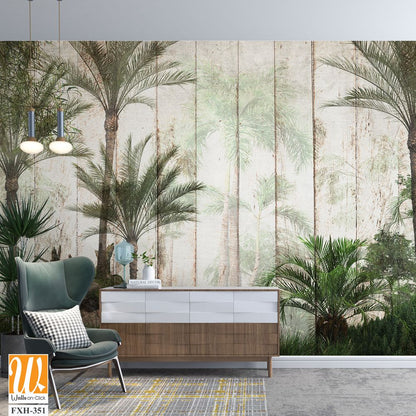 Tropical trees and leaves for digital printing wallpaper, custom design wallpaper - 3D illustration [WP-FXH-351]