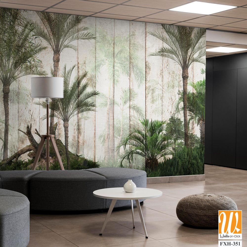 Tropical trees and leaves for digital printing wallpaper, custom design wallpaper - 3D illustration [WP-FXH-351]