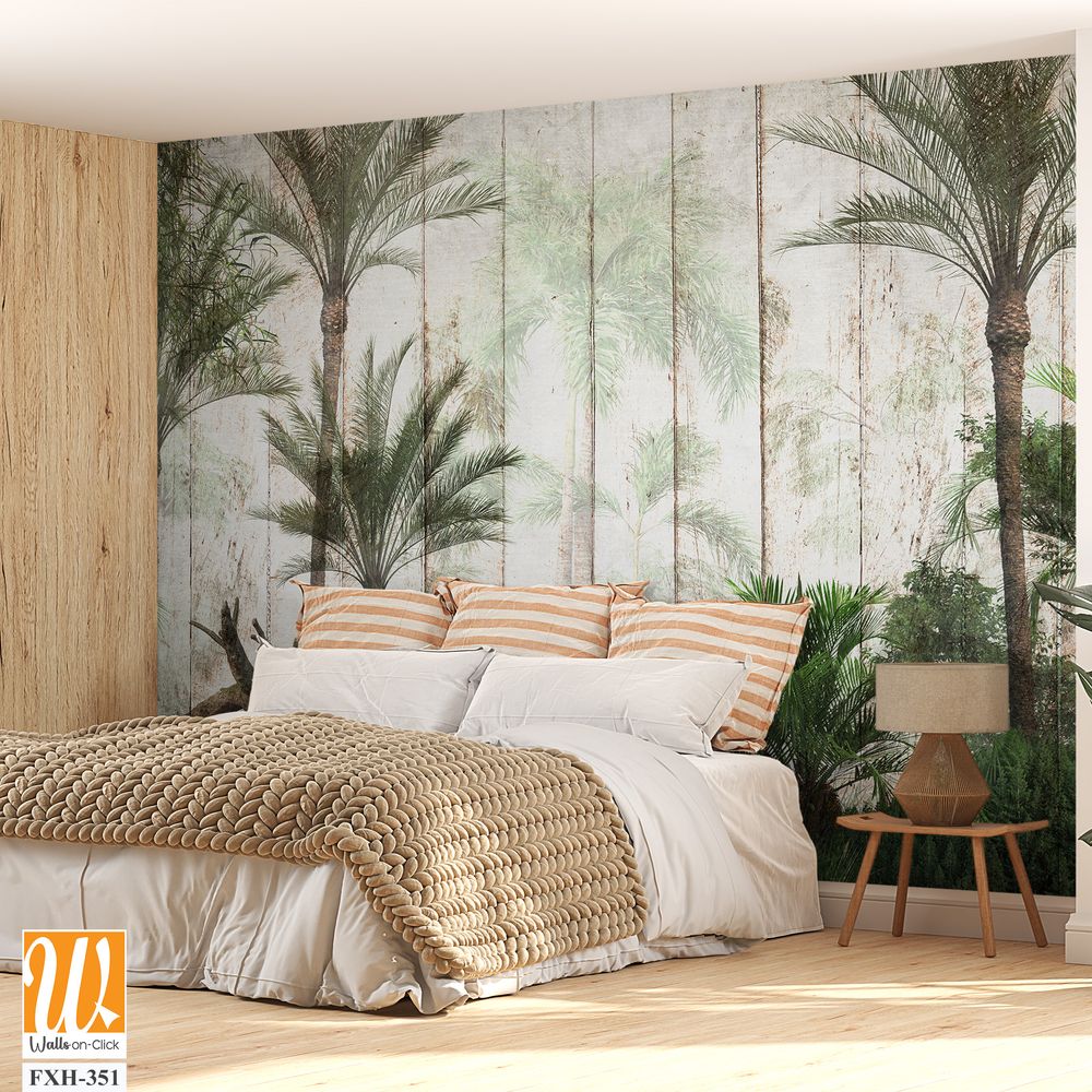 Tropical trees and leaves for digital printing wallpaper, custom design wallpaper - 3D illustration [WP-FXH-351]