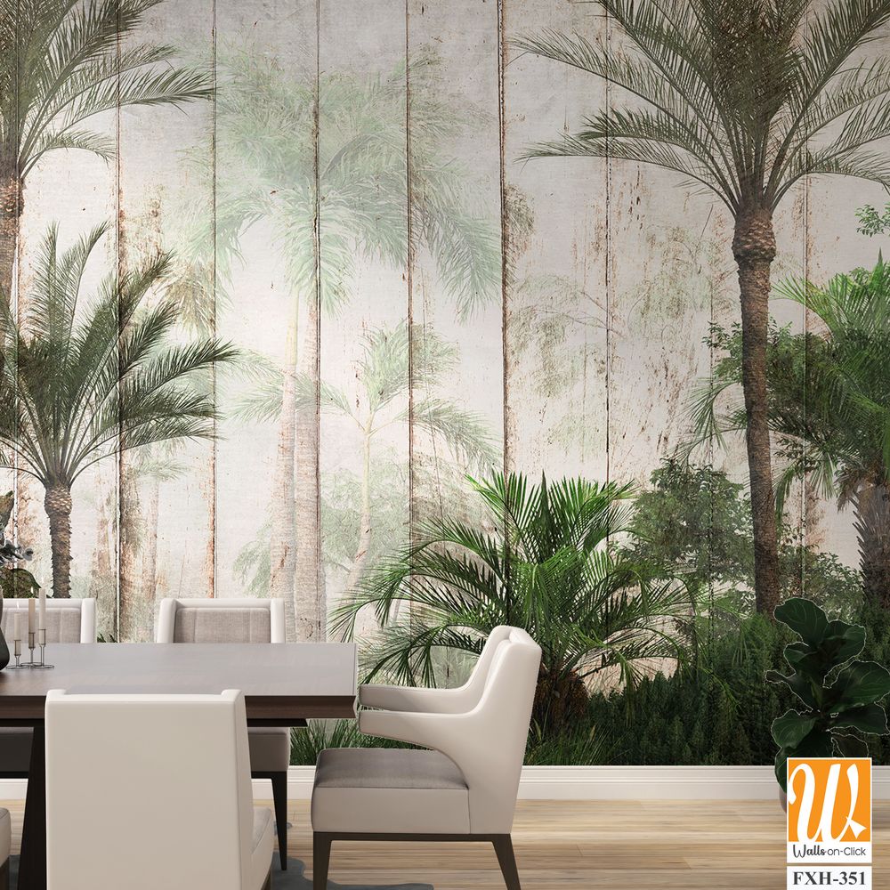 Tropical trees and leaves for digital printing wallpaper, custom design wallpaper - 3D illustration [WP-FXH-351]