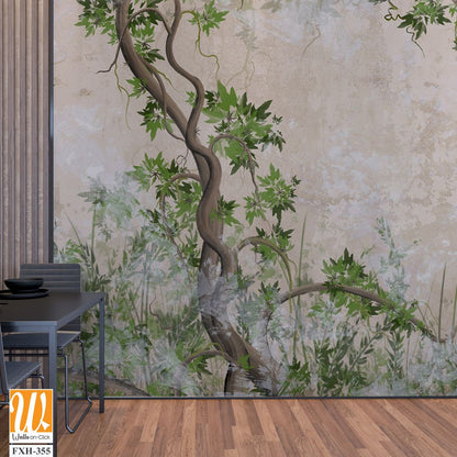 Curly trees with branches and leaves on a texture background photo wallpaper in the interior [WP-FXH-355]