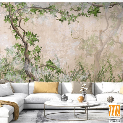 Curly trees with branches and leaves on a texture background photo wallpaper in the interior [WP-FXH-355]