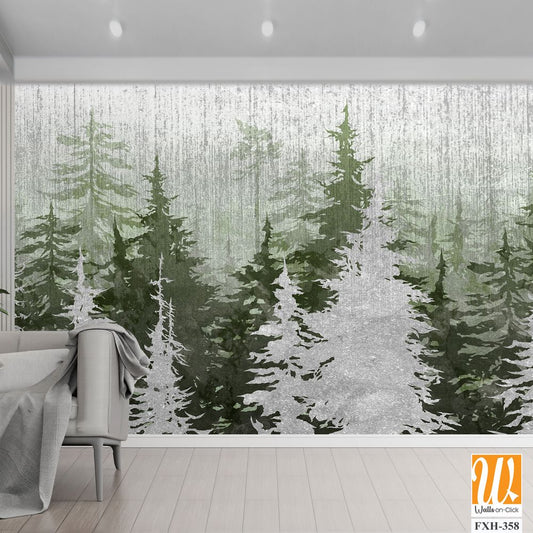 Trees art drawing in different colors on a textural background scuffs photo wallpaper in the interior [WP-FXH-358]