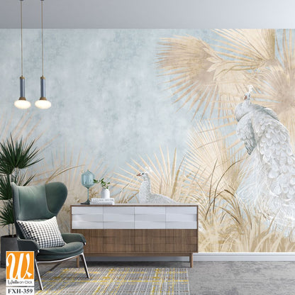 Graphic illustration of a peacocks and leaves. Design for interior project, wallpaper, photo wallpaper, mural, poster, home decor, card, packaging! [WP-FXH-359]