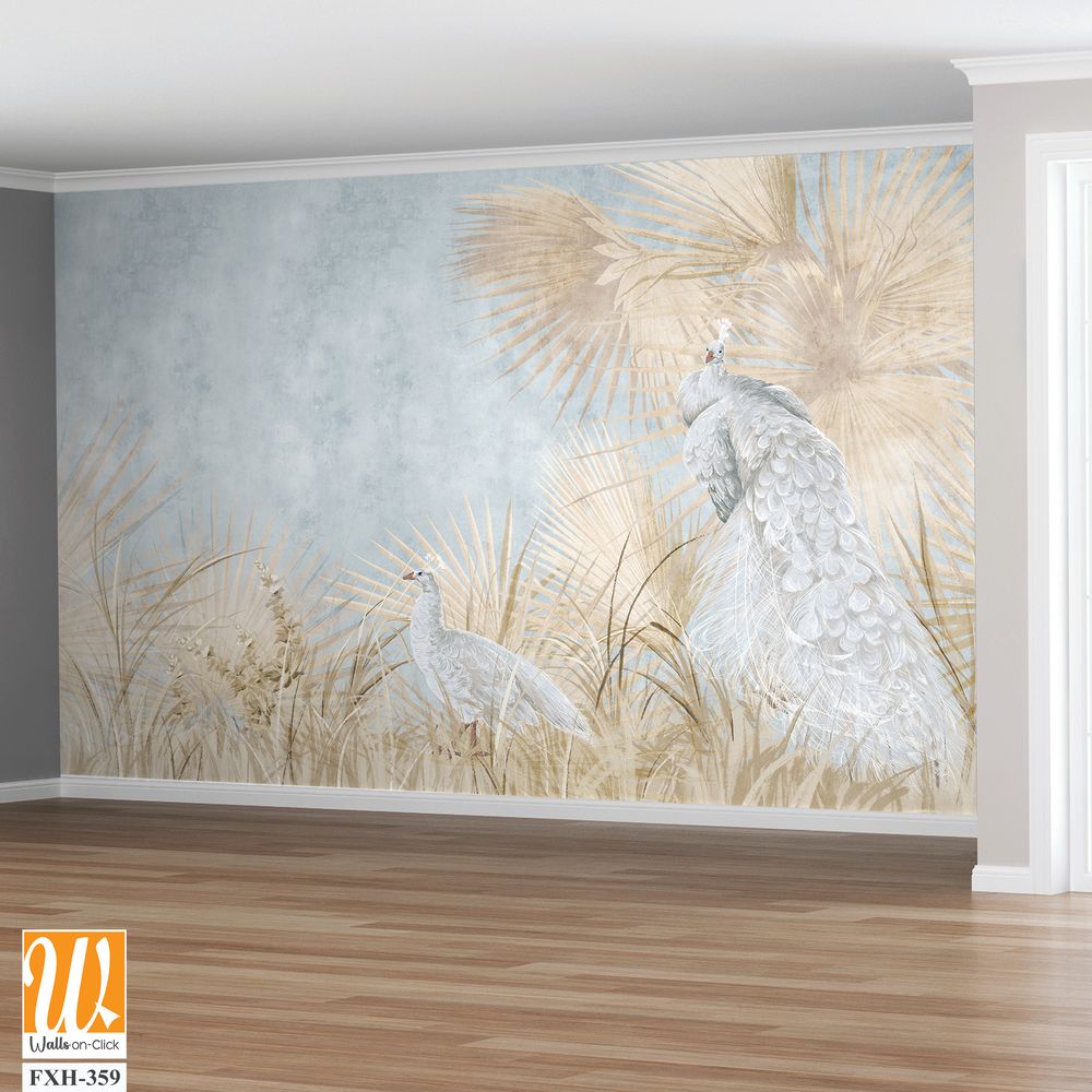 Graphic illustration of a peacocks and leaves. Design for interior project, wallpaper, photo wallpaper, mural, poster, home decor, card, packaging! [WP-FXH-359]